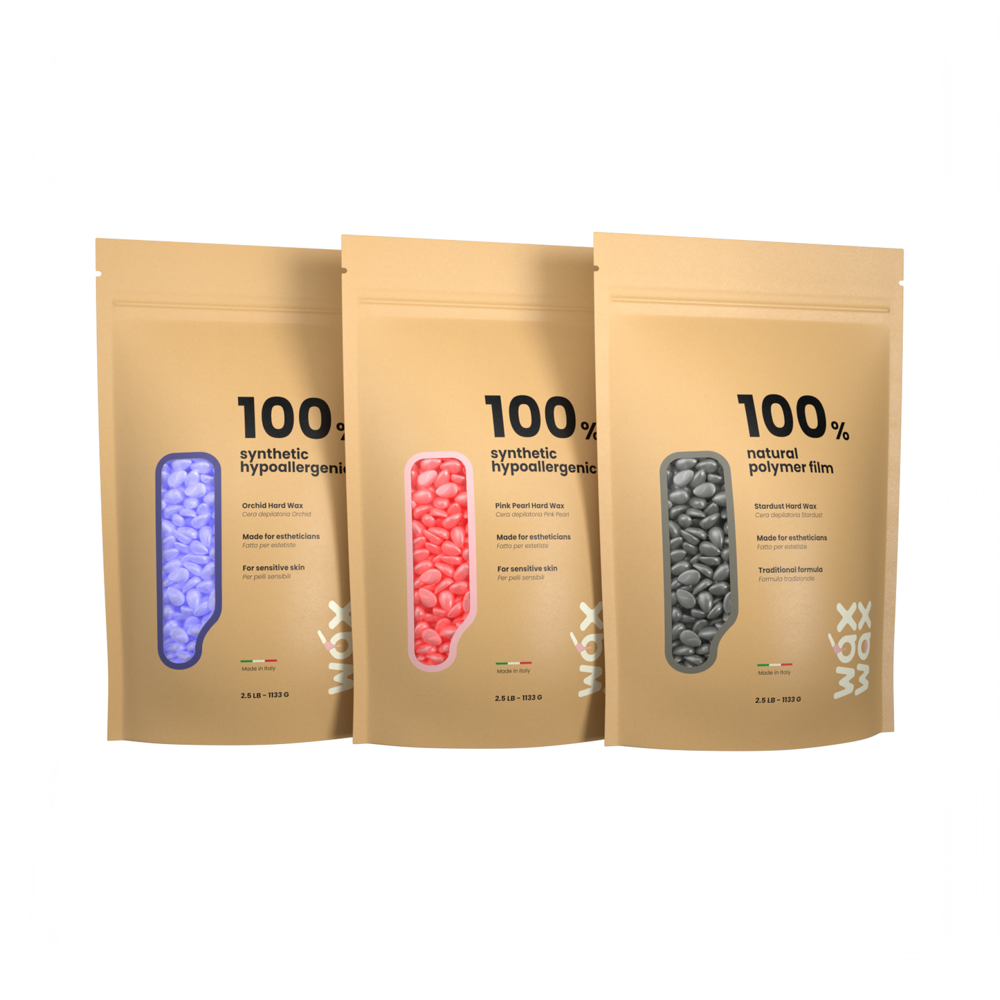 Trío de muestras de cera dura: Perla rosa, orquídea y polvo de estrellas